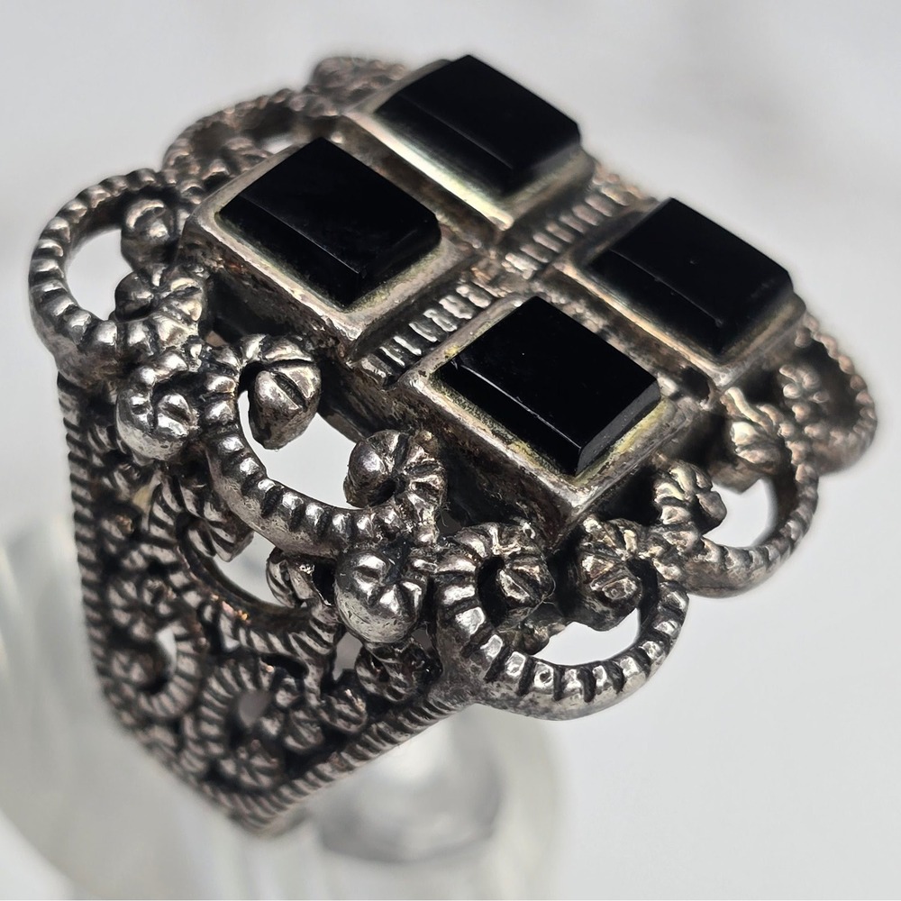 Vintage BARSE 925 Sterling Silver Black Onyx Filigree Statement Ring 19.6g Sz 8